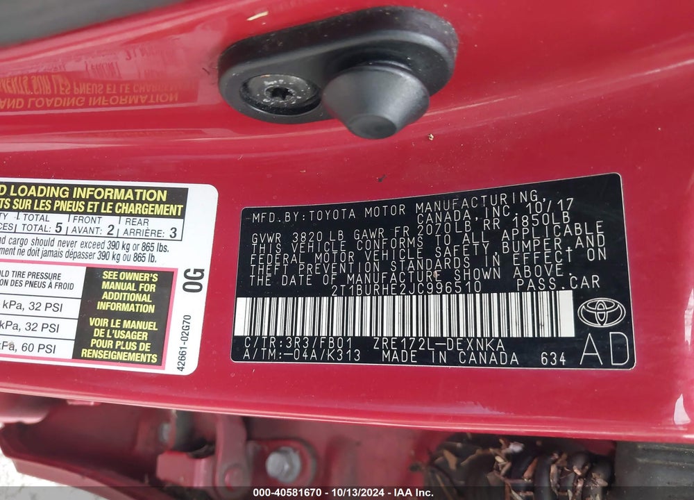 2018 TOYOTA COROLLA LE VIN: 2T1BURHE2JC996510