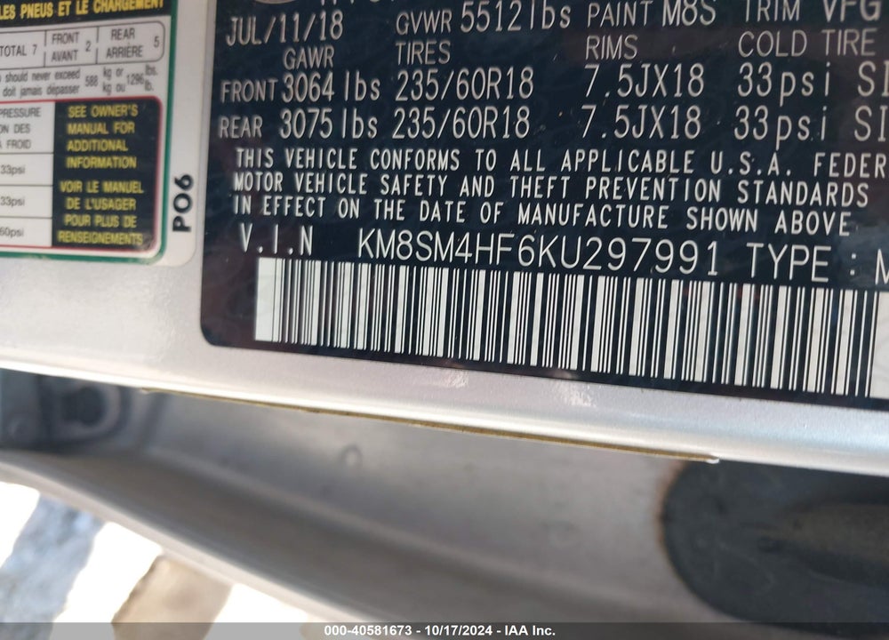 2019 HYUNDAI SANTA FE XL SE VIN: KM8SM4HF6KU297991