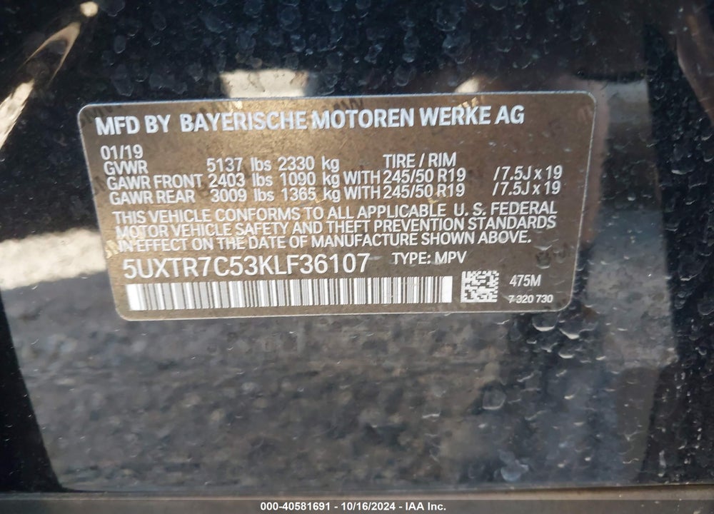 2019 BMW X3 SDRIVE30I VIN: 5UXTR7C53KLF36107