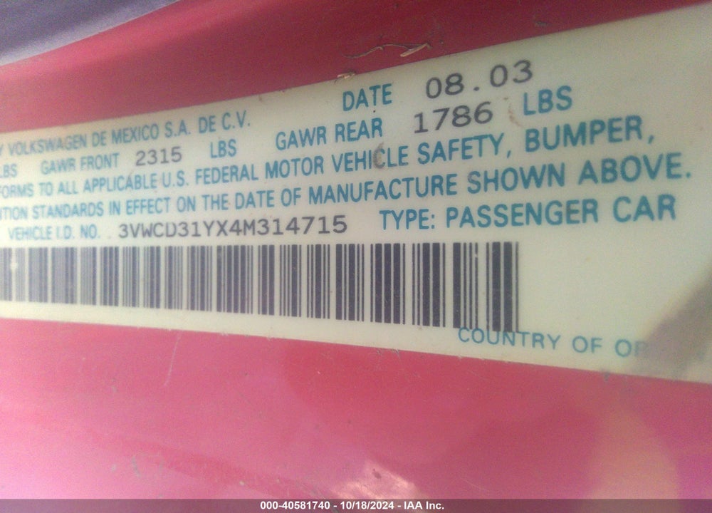 2004 VOLKSWAGEN NEW BEETLE GLS 1.8T VIN: 3VWCD31YX4M314715