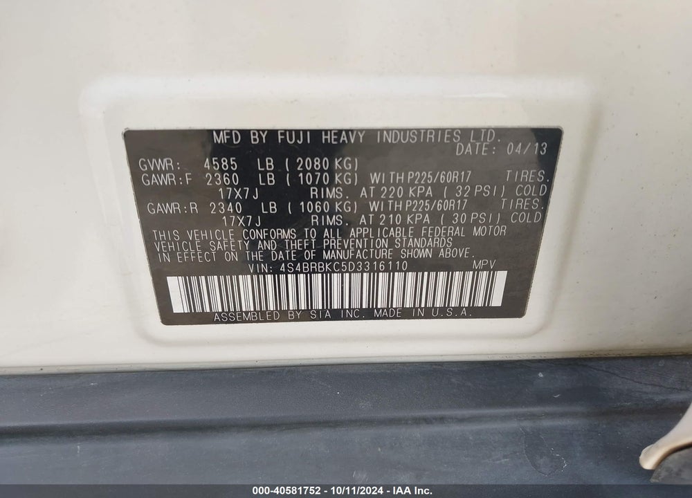 2013 SUBARU OUTBACK 2.5I LIMITED VIN: 4S4BRBKC5D3316110