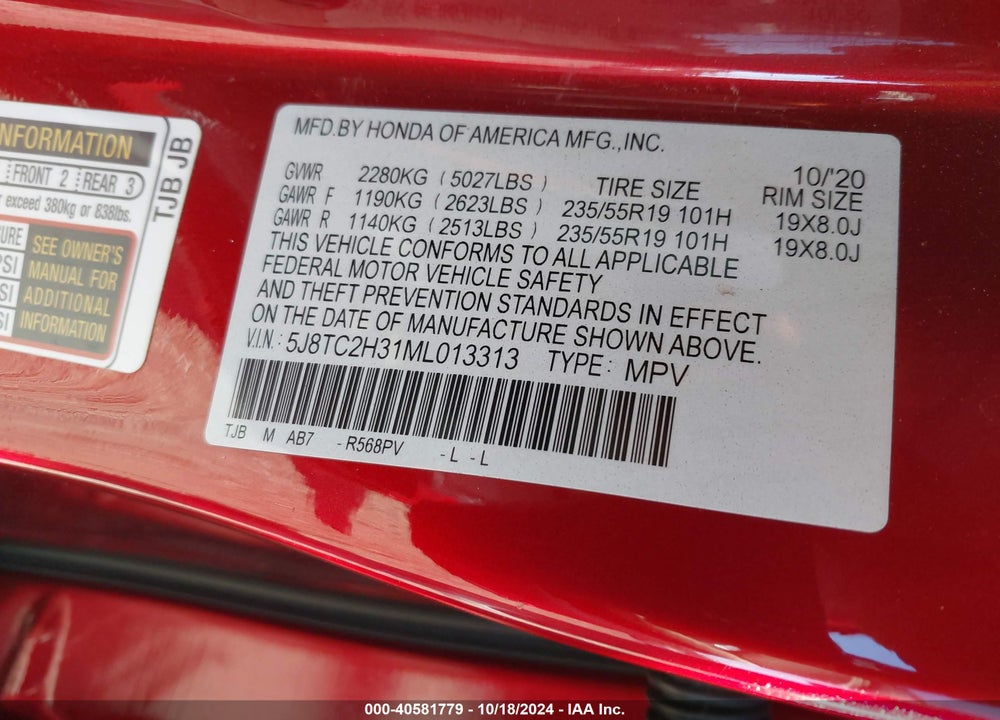 2021 ACURA RDX STANDARD VIN: 5J8TC2H31ML013313