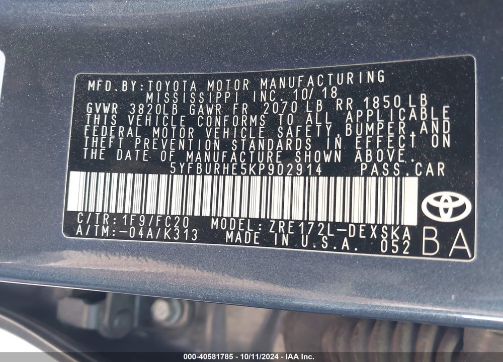 2019 TOYOTA COROLLA SE VIN: 5YFBURHE5KP902914