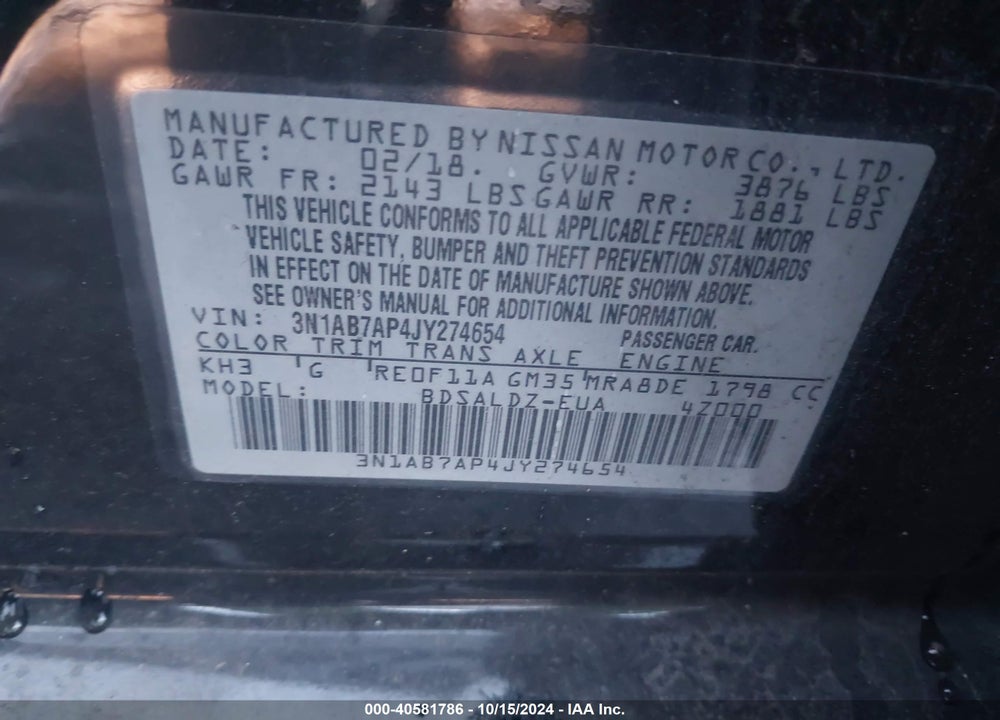 2018 NISSAN SENTRA SV VIN: 3N1AB7AP4JY274654