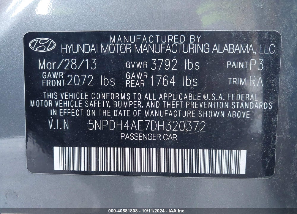 2013 HYUNDAI ELANTRA GLS VIN: 5NPDH4AE7DH320372