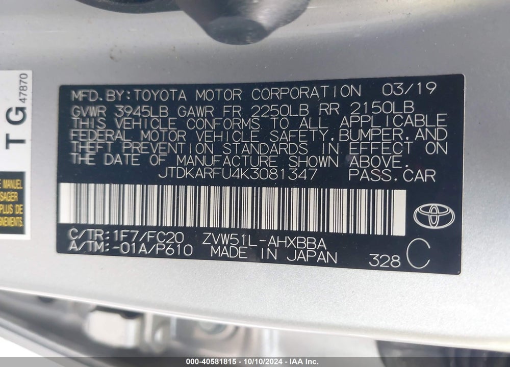 2019 TOYOTA PRIUS L ECO VIN: JTDKARFU4K3081347
