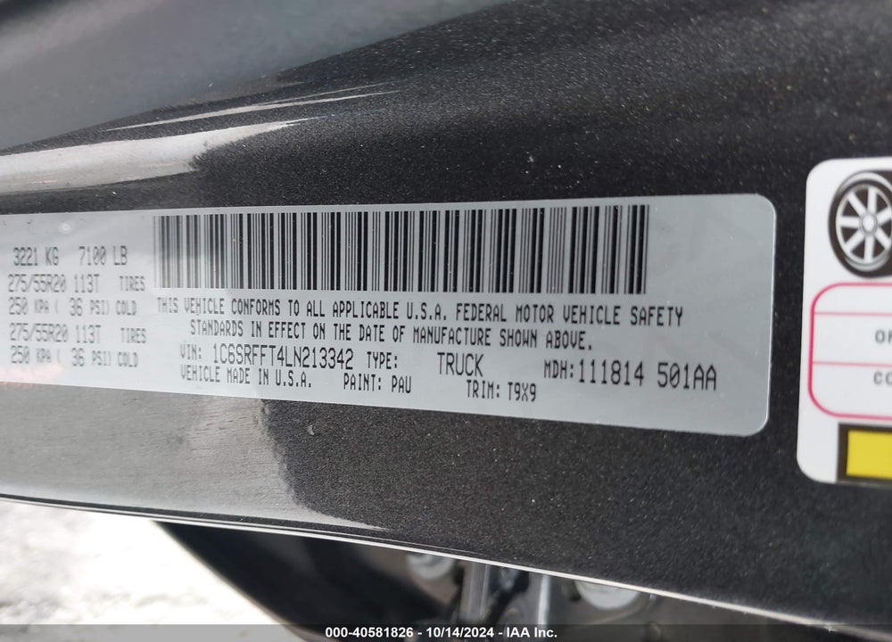 2020 RAM 1500 BIG HORN 4X4 5'7 BOX VIN: 1C6SRFFT4LN213342