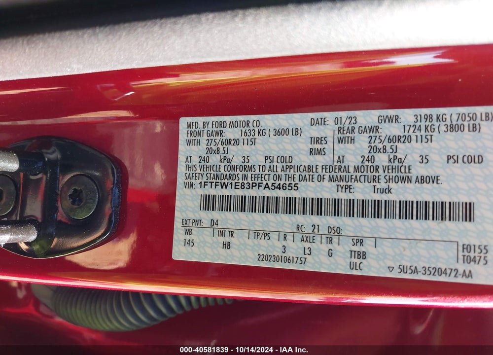 2023 FORD F-150 LARIAT VIN: 1FTFW1E83PFA54655