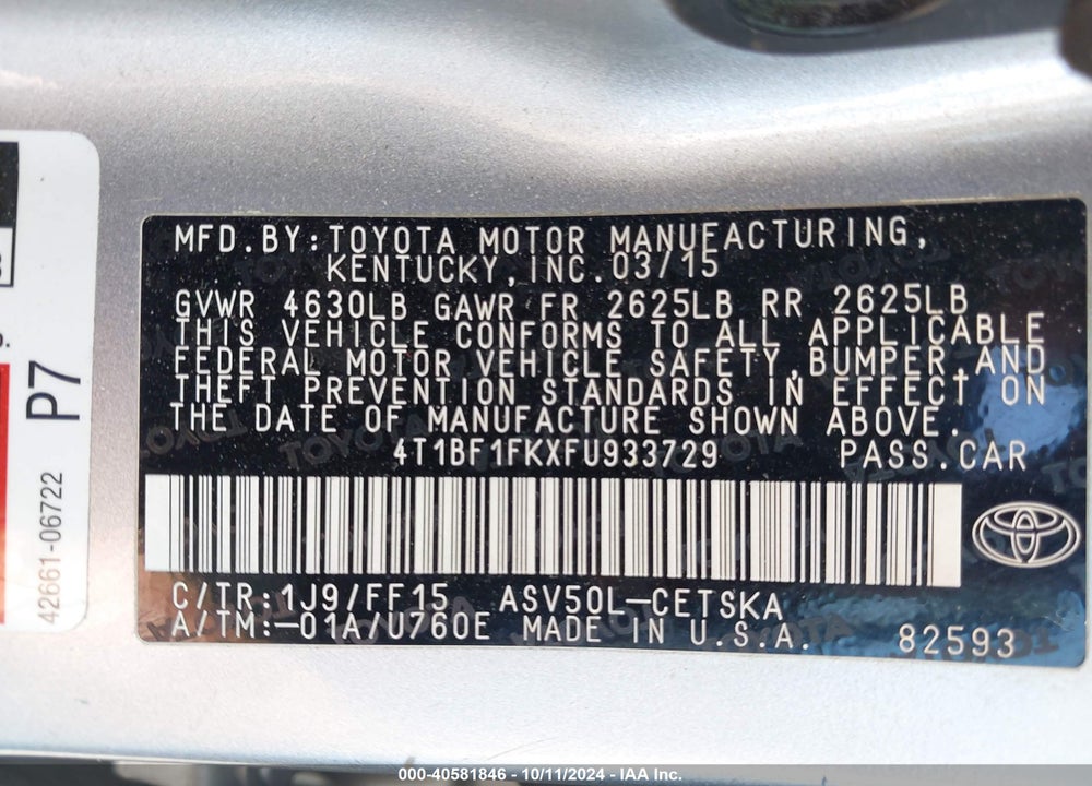 2015 TOYOTA CAMRY SE VIN: 4T1BF1FKXFU933729