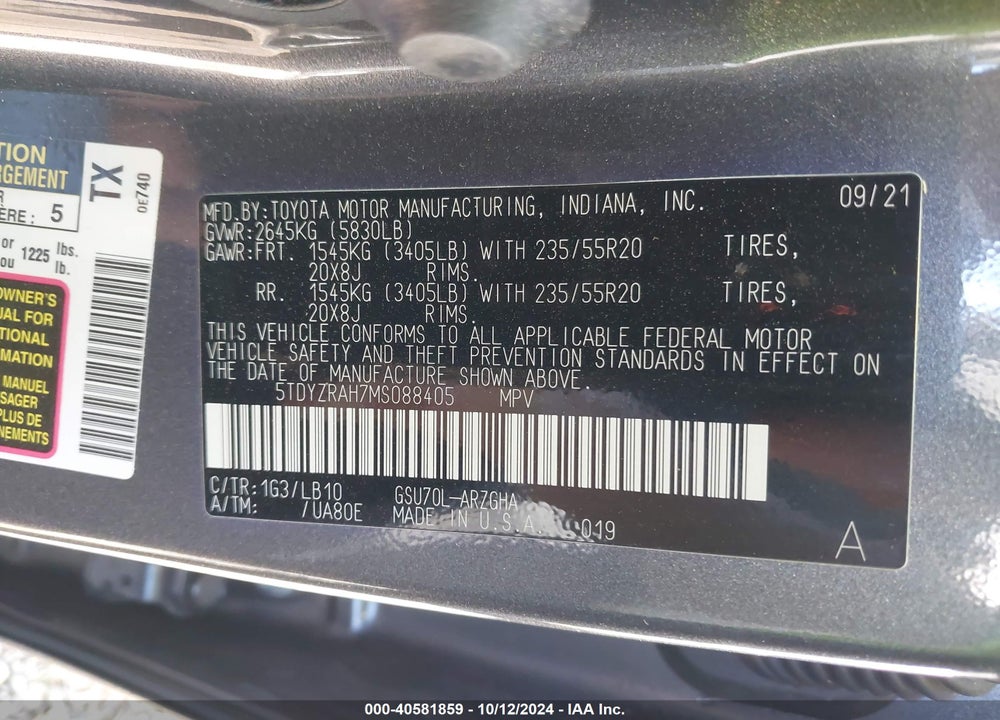 2021 TOYOTA HIGHLANDER VIN: 5TDYZRAH7MS088405