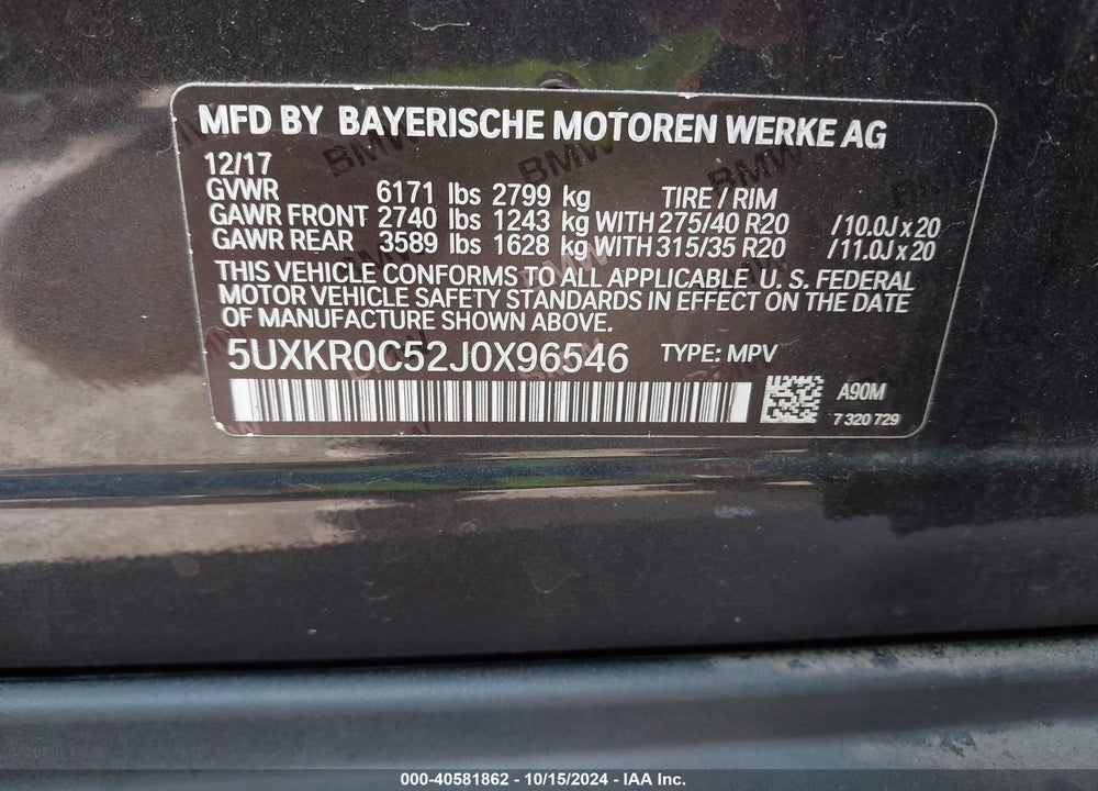 2018 BMW X5 XDRIVE35I VIN: 5UXKR0C52J0X96546