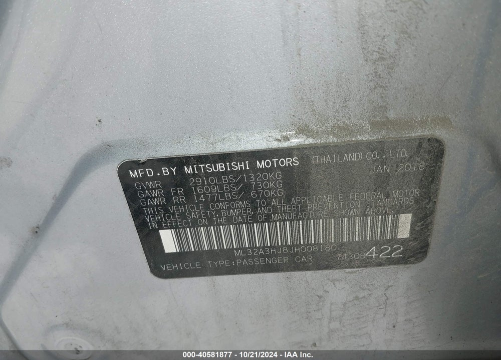 2018 MITSUBISHI MIRAGE ES VIN: ML32A3HJ8JH008180
