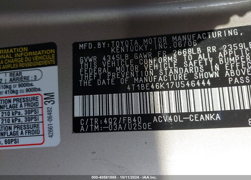 2007 TOYOTA CAMRY LE VIN: 4T1BE46K17U546444