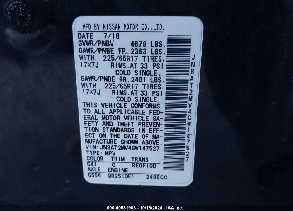 2016 NISSAN ROGUE SV VIN: JN8AT2MV4GW147527