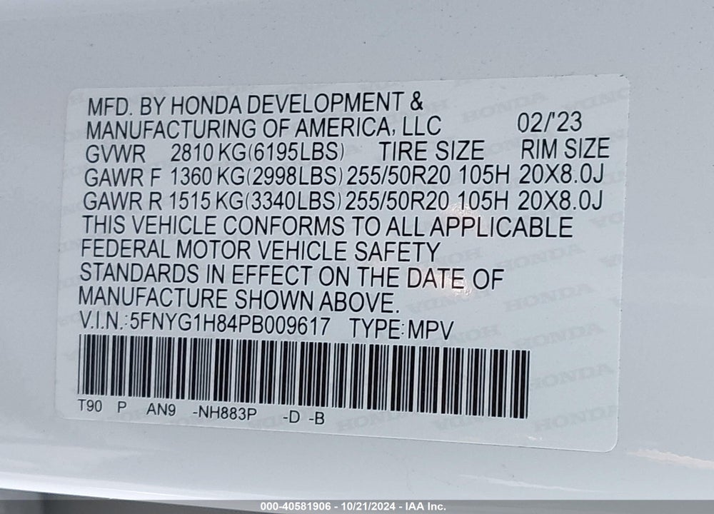 2023 HONDA PILOT AWD ELITE VIN: 5FNYG1H84PB009617