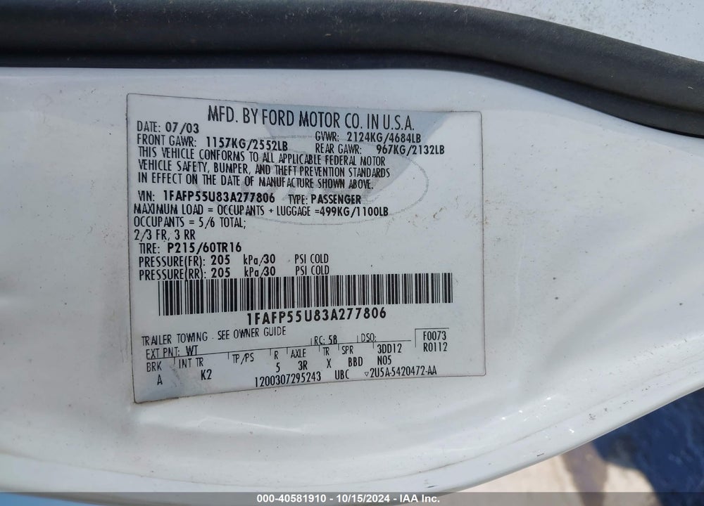 2003 FORD TAURUS SES VIN: 1FAFP55U83A277806