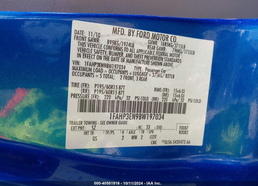2011 FORD FOCUS S VIN: 1FAHP3EN9BW197034
