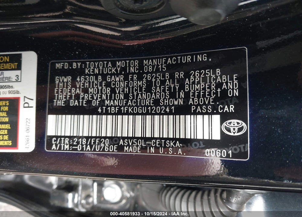 2016 TOYOTA CAMRY SE VIN: 4T1BF1FK0GU120241