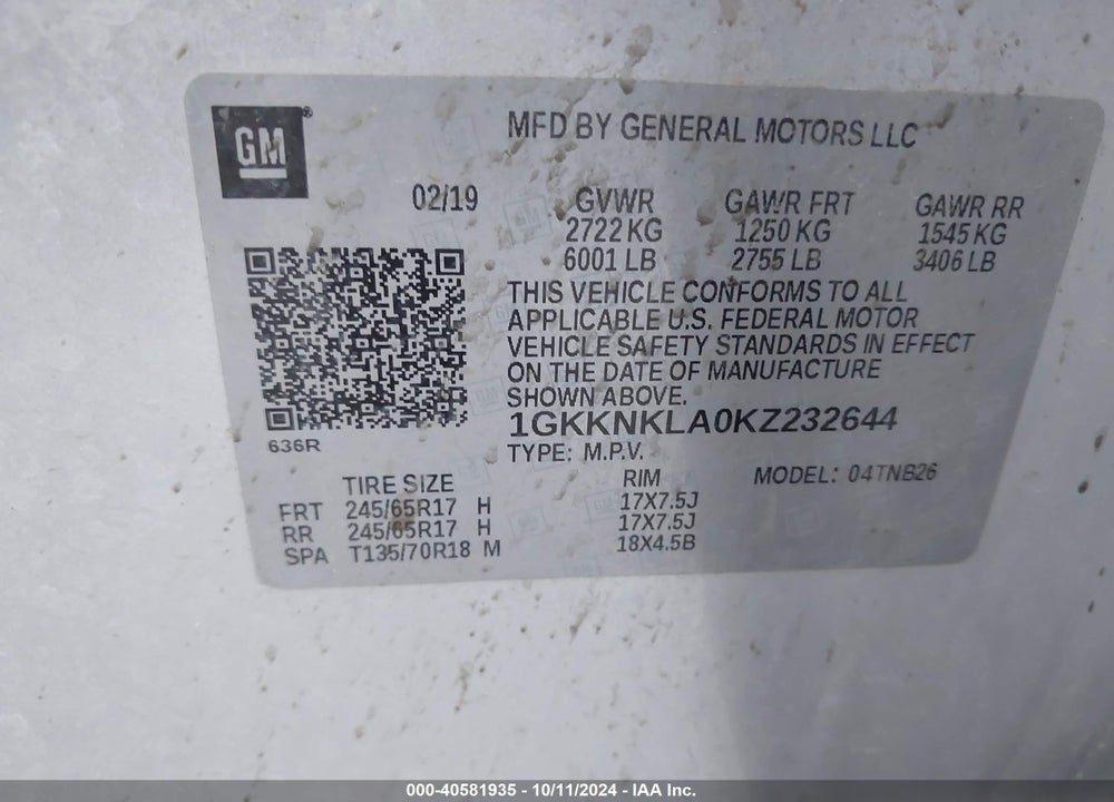 2019 GMC ACADIA SLE-1 VIN: 1GKKNKLA0KZ232644
