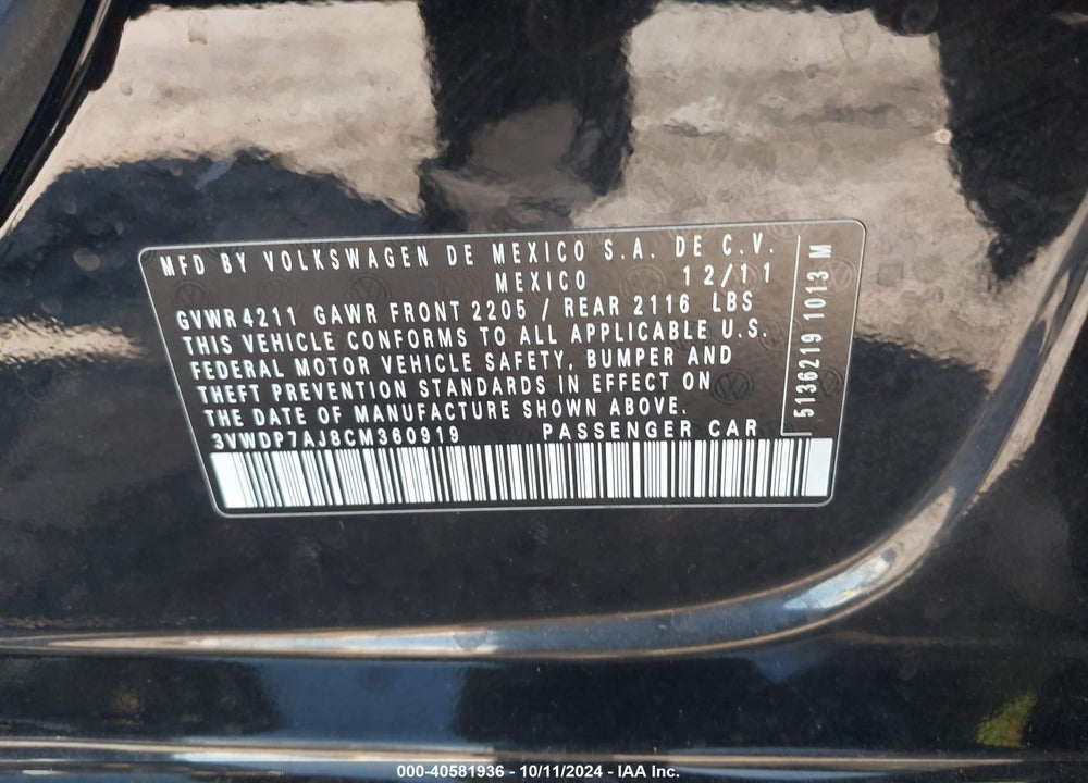 2012 VOLKSWAGEN JETTA 2.5L SE VIN: 3VWDP7AJ8CM360919