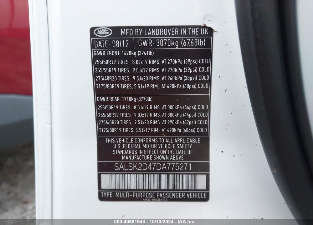 2013 LAND ROVER RANGE ROVER SPORT HSE VIN: SALSK2D47DA775271