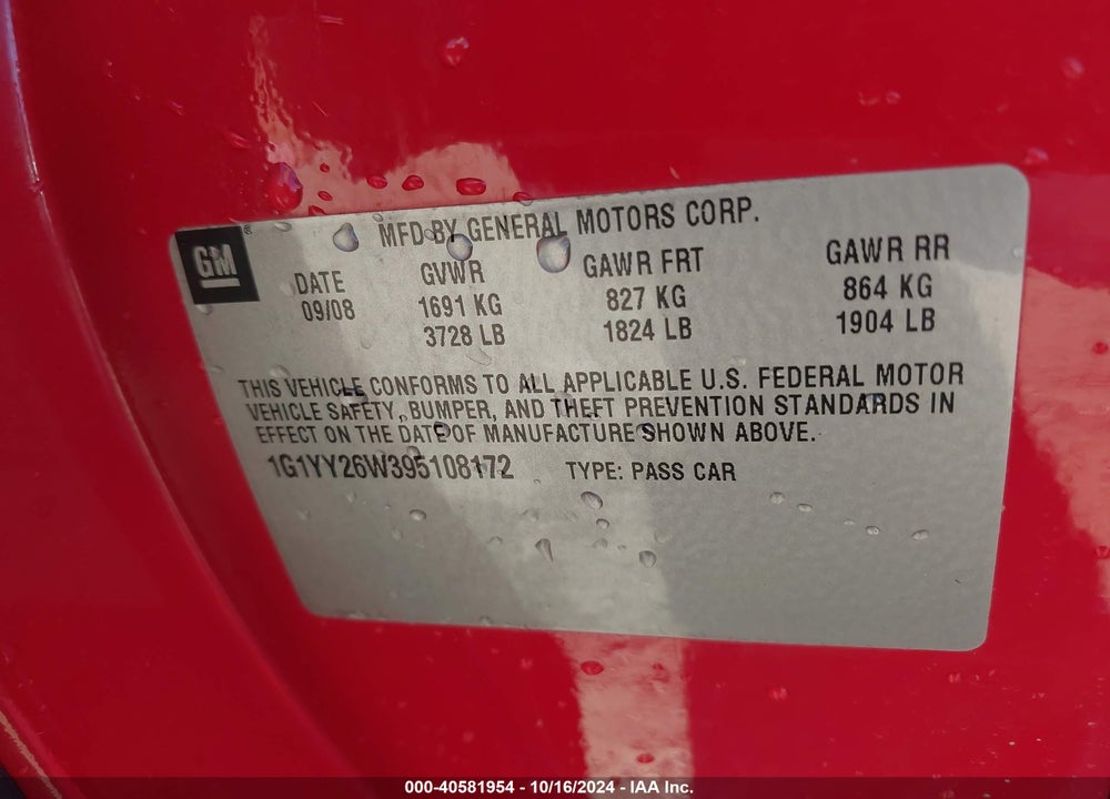 2009 CHEVROLET CORVETTE VIN: 1G1YY26W395108172