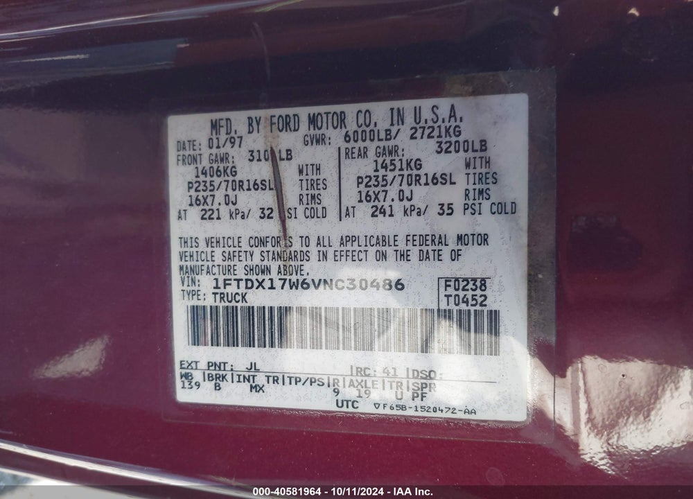 1997 FORD F-150 LARIAT/STANDARD/XL/XLT VIN: 1FTDX17W6VNC30486