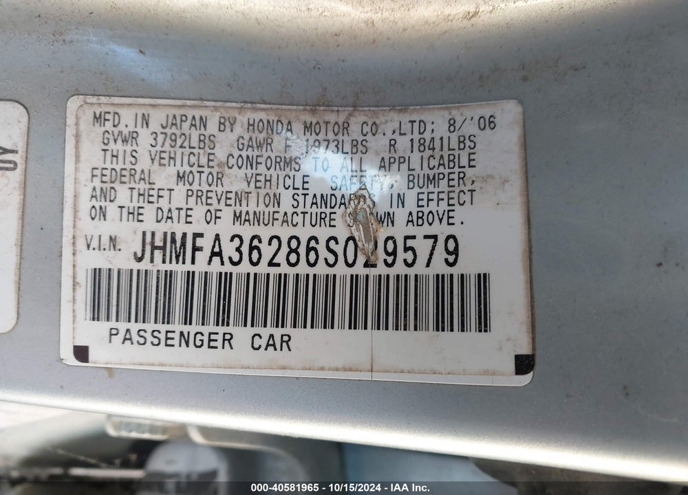 2006 HONDA CIVIC HYBRID VIN: JHMFA36286S029579