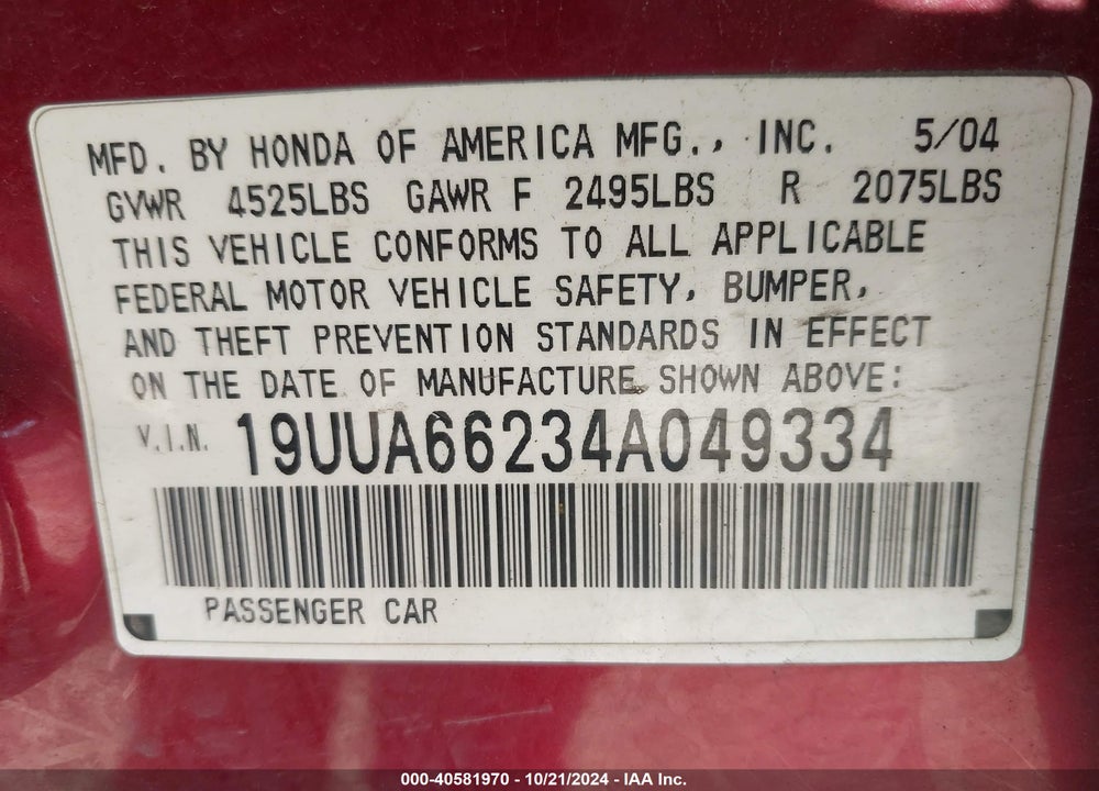 2004 ACURA TL BASE W/NAV SYSTEM (A5) VIN: 19UUA66234A049334
