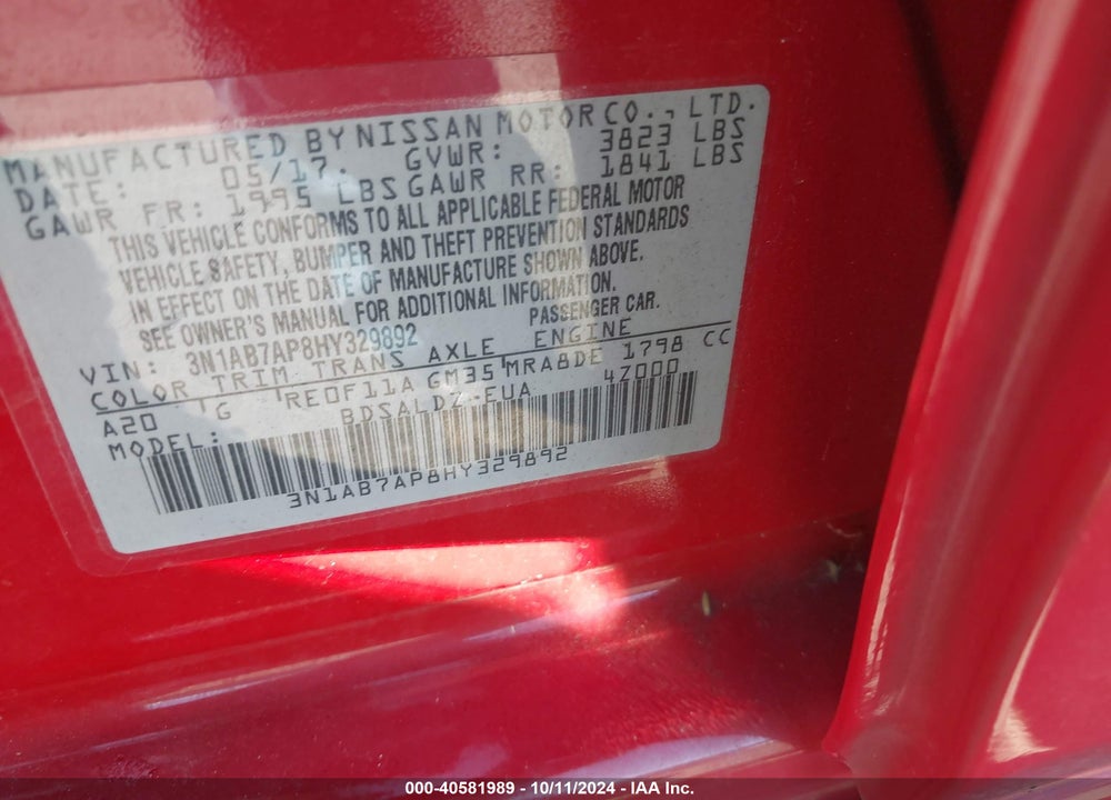 2017 NISSAN SENTRA SV VIN: 3N1AB7AP8HY329892