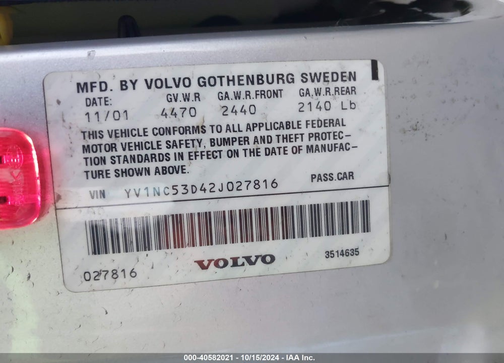2002 VOLVO C70 HT VIN: YV1NC53D42J027816