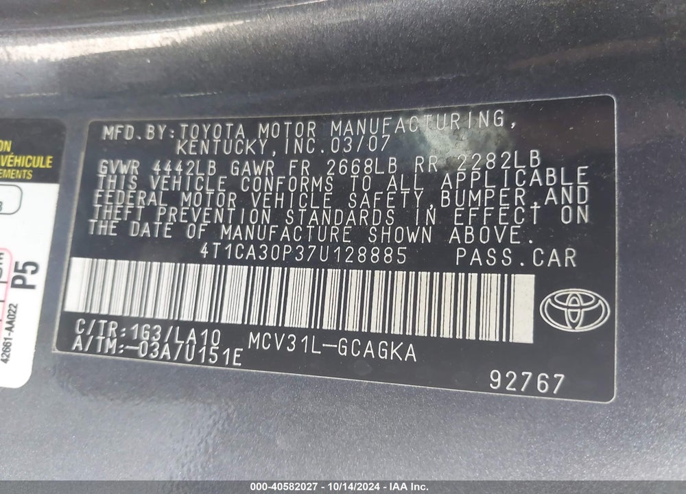 2007 TOYOTA CAMRY SOLARA SLE V6 VIN: 4T1CA30P37U128885