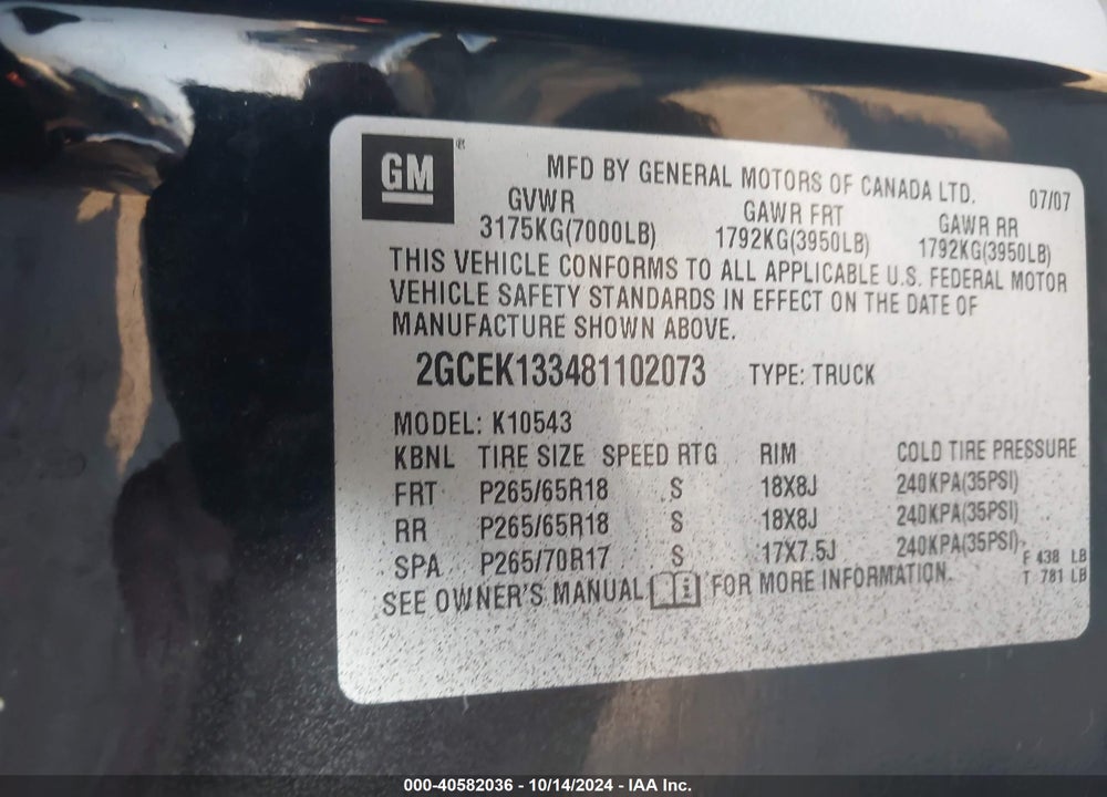 2008 CHEVROLET SILVERADO 1500 LTZ VIN: 2GCEK133481102073
