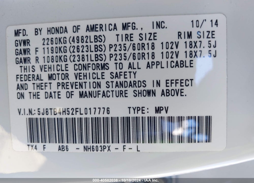 2015 ACURA RDX VIN: 5J8TB4H52FL017776