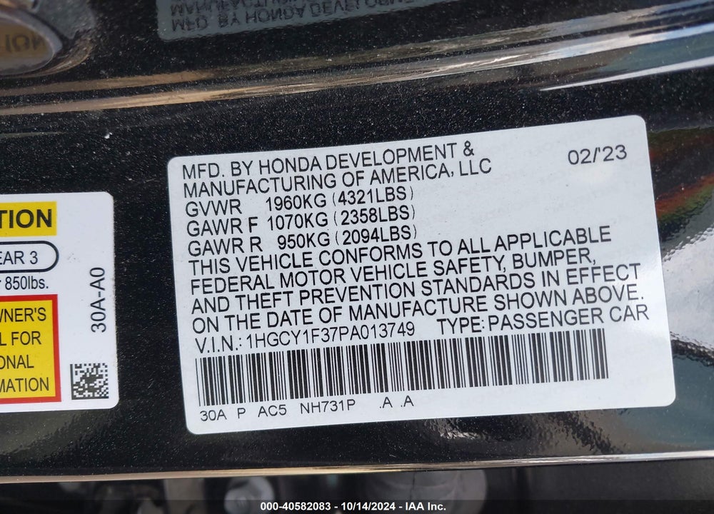 2023 HONDA ACCORD EX VIN: 1HGCY1F37PA013749