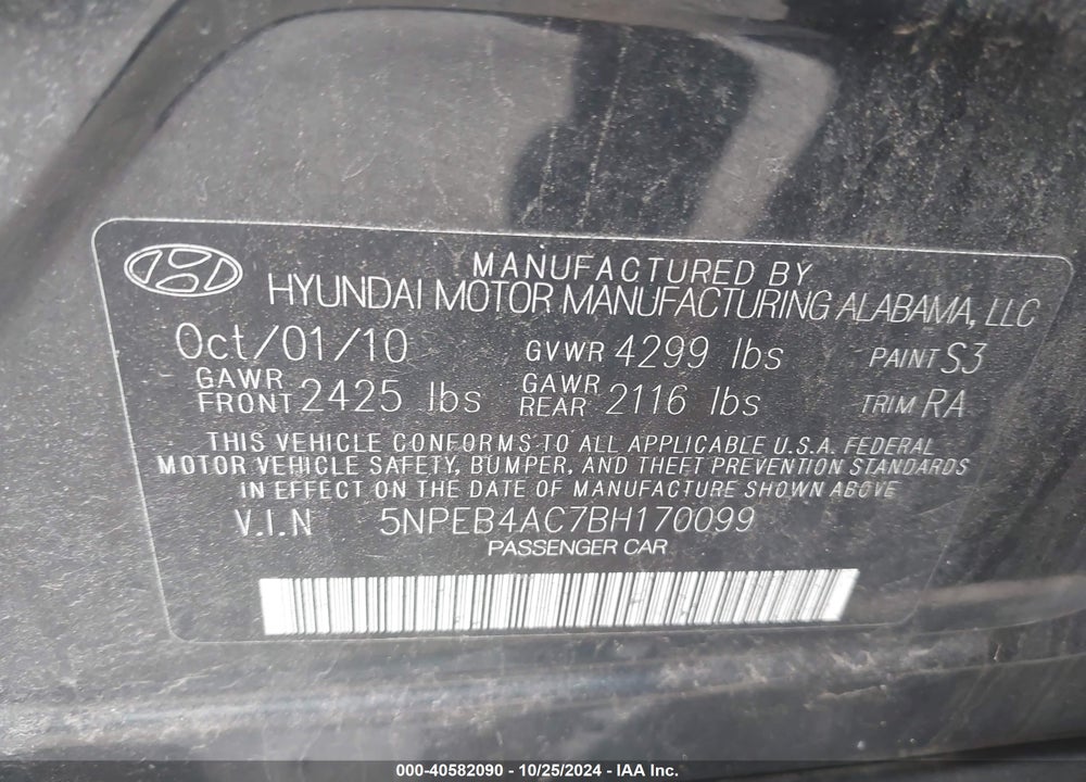 2011 HYUNDAI SONATA GLS VIN: 5NPEB4AC7BH170099