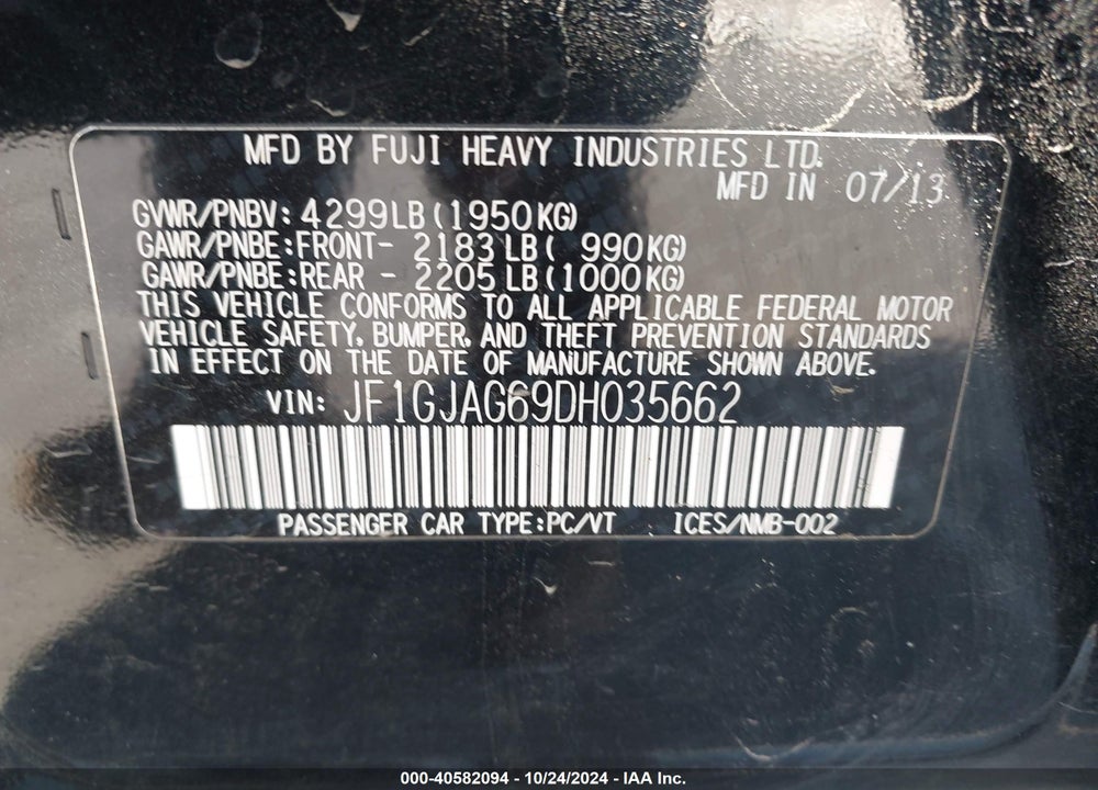 2013 SUBARU IMPREZA 2.0I LIMITED VIN: JF1GJAG69DH035662