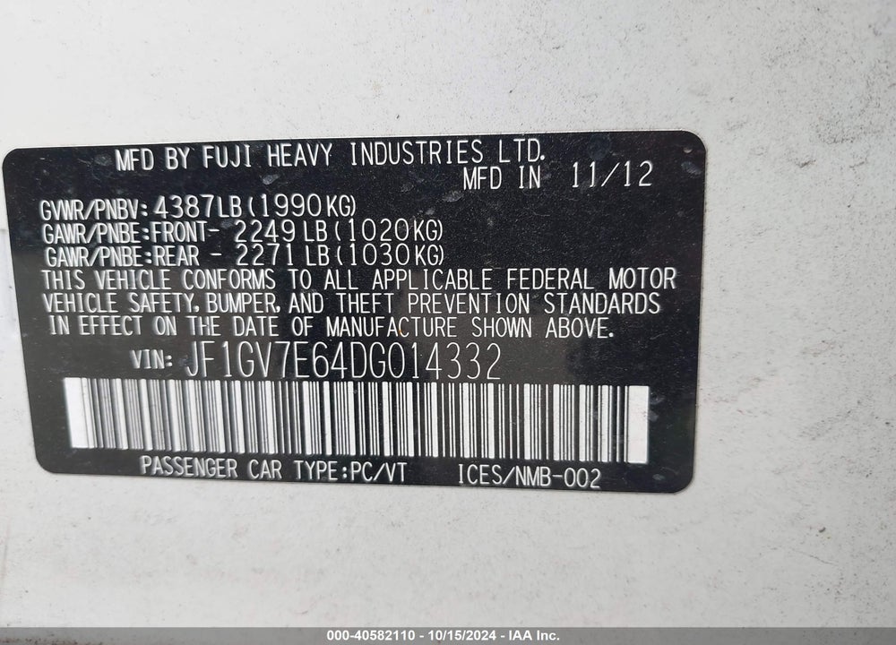 2013 SUBARU IMPREZA WRX VIN: JF1GV7E64DG014332