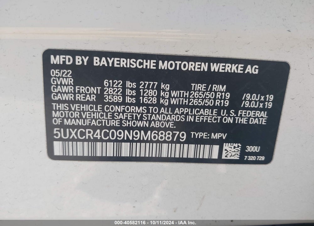 2022 BMW X5 SDRIVE40I VIN: 5UXCR4C09N9M68879
