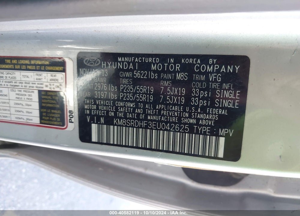 2014 HYUNDAI SANTA FE VIN: KM8SRDHF3EU042625