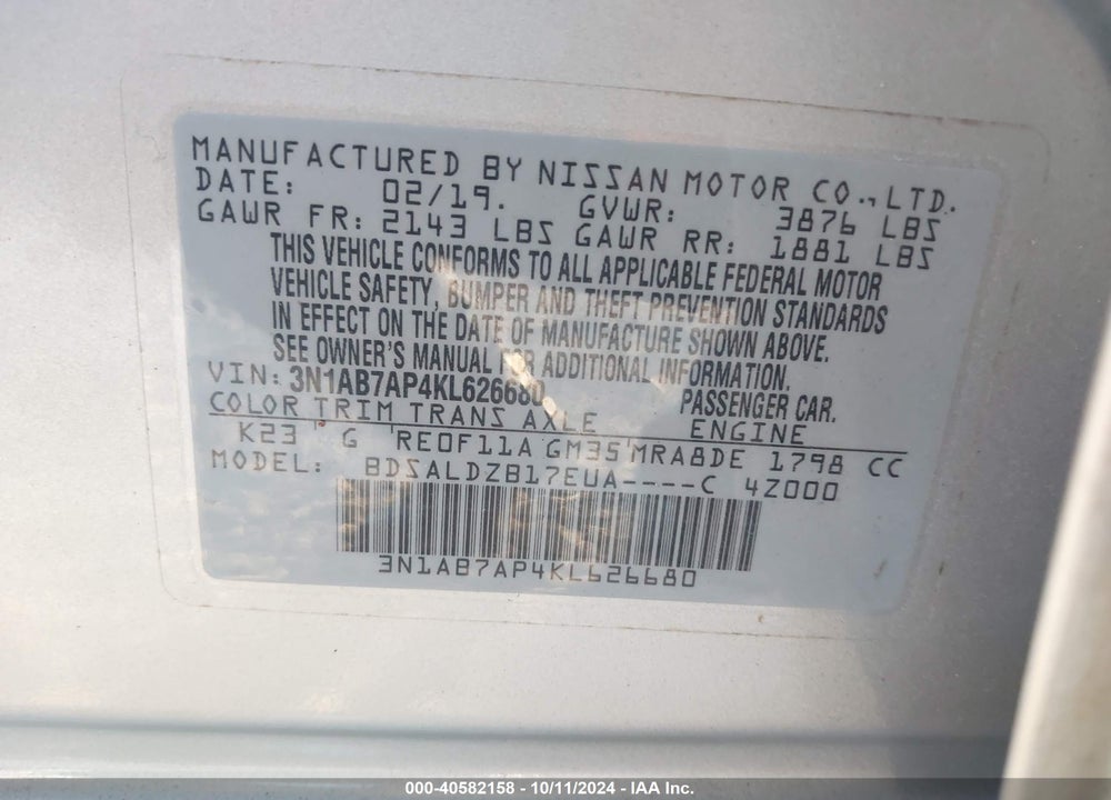 2019 NISSAN SENTRA SV VIN: 3N1AB7AP4KL626680