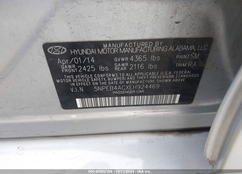 2014 HYUNDAI SONATA GLS VIN: 5NPEB4ACXEH924469