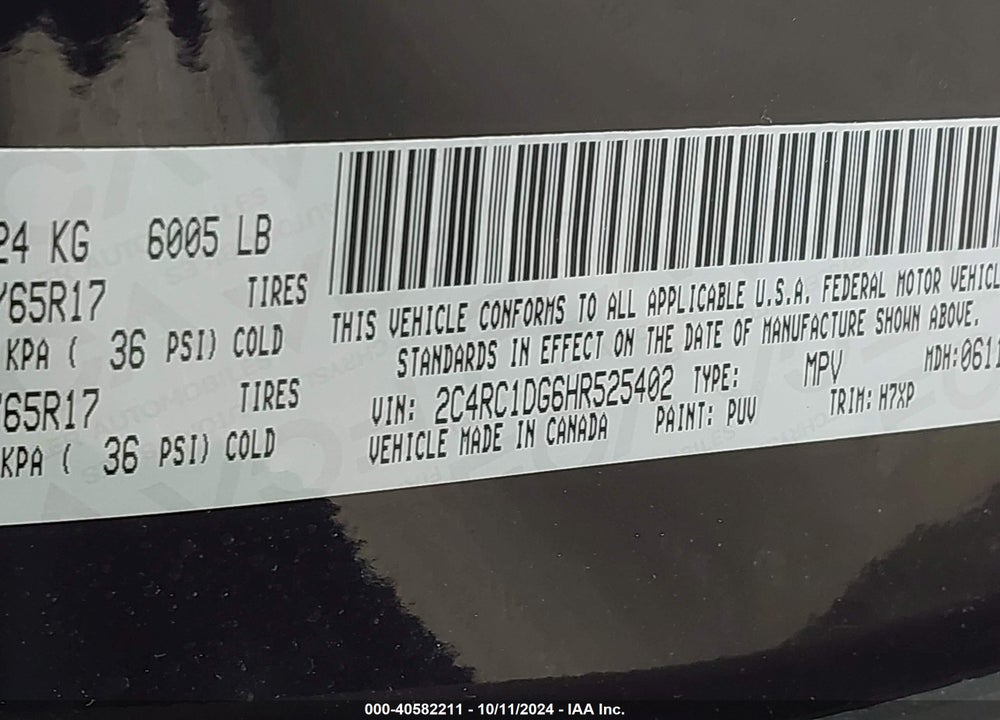 2017 CHRYSLER PACIFICA TOURING VIN: 2C4RC1DG6HR525402