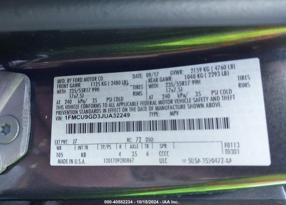 2018 FORD ESCAPE SE VIN: 1FMCU9GD3JUA32249
