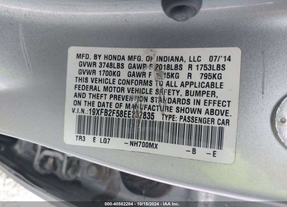 2014 HONDA CIVIC LX VIN: 19XFB2F58EE262835