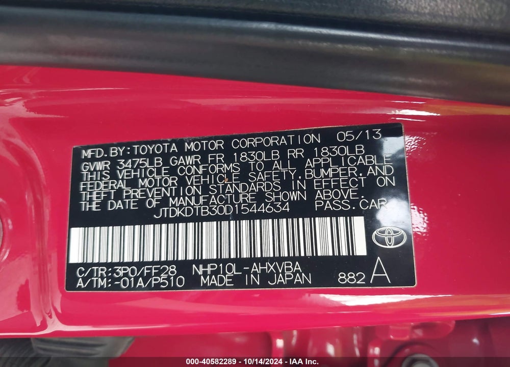 2013 TOYOTA PRIUS C TWO VIN: JTDKDTB30D1544634
