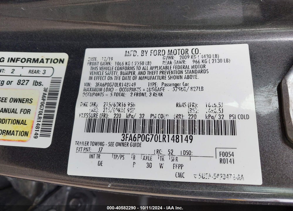 2020 FORD FUSION S VIN: 3FA6P0G70LR148149