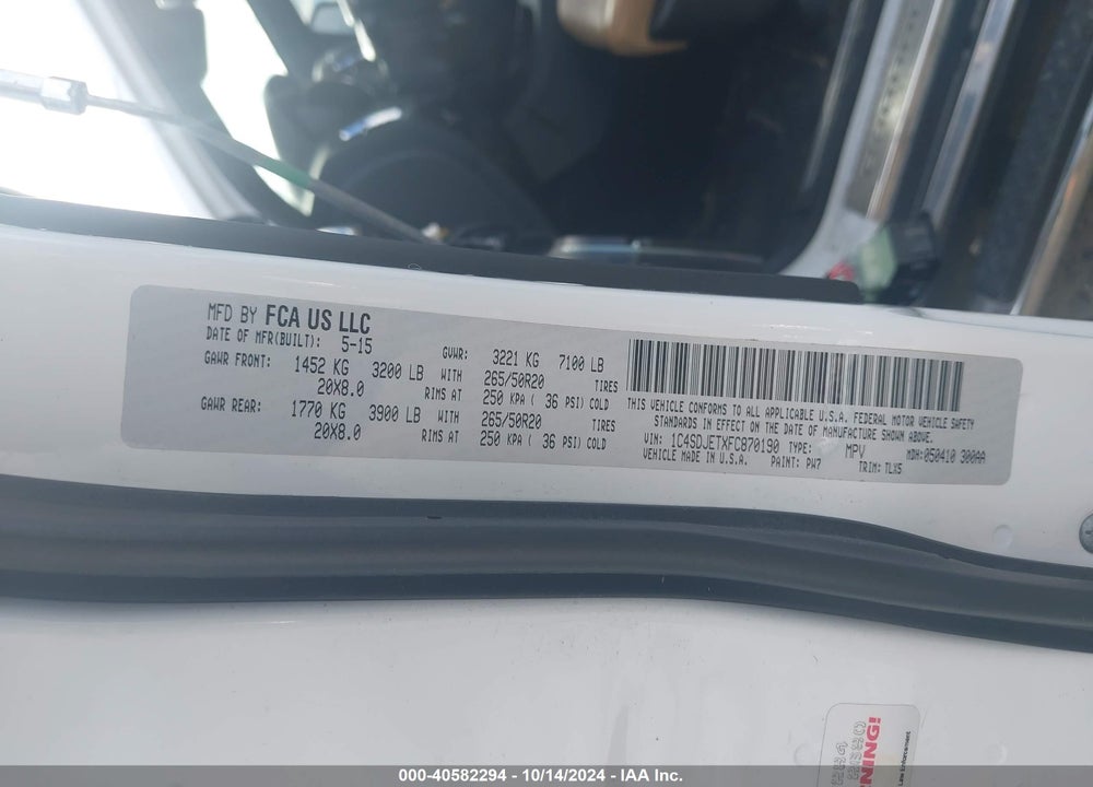 2015 DODGE DURANGO CITADEL VIN: 1C4SDJETXFC870190