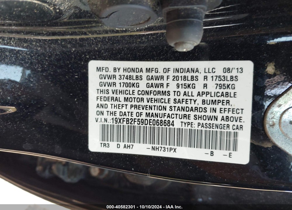 2013 HONDA CIVIC LX VIN: 19XFB2F59DE068684