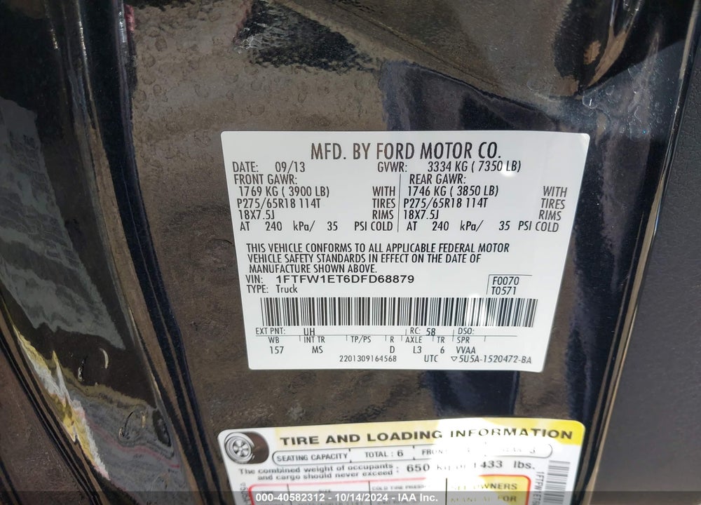 2013 FORD F-150 XLT VIN: 1FTFW1ET6DFD68879